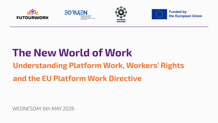 Presentation slide with EU project logos and text: "The New World of Work: Understanding Platform Work, Workers' Rights and the EU Platform Work Directive"