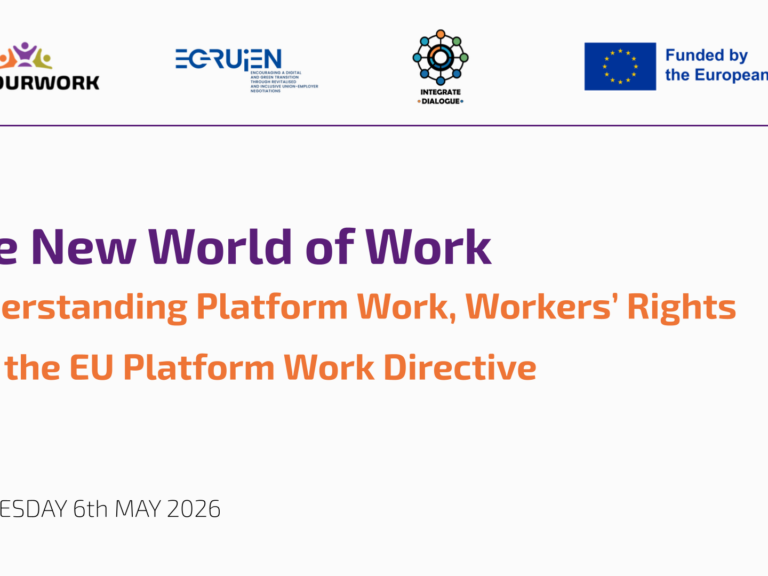 Presentation slide with EU project logos and text: "The New World of Work: Understanding Platform Work, Workers' Rights and the EU Platform Work Directive"